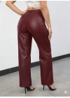 Kadın Yüksek Bel Cepli Deri Pantolon