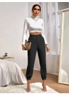 Kadın Yüksek Bel Cepli Paçası Lastikli Ithal Krep Pantolon