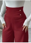 Kadın Yüksek Bel Düğmeli Geniş Paçalı Ithal Krep Pantolon