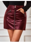Kadın Yüksek Bel Fermuarlı Mini Deri Etek