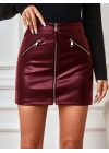 Kadın Yüksek Bel Fermuarlı Mini Deri Etek