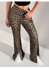 Kadın Yüksek Bel Leopar Desenli Yırtmaçlı Dalgıç Tayt