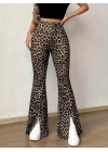 Kadın Yüksek Bel Leopar Desenli Yırtmaçlı Dalgıç Tayt