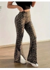 Kadın Yüksek Bel Leopar Desenli Yırtmaçlı Dalgıç Tayt