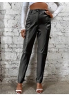 Kadın Yüksek Bel önden Düğmeli Deri Pantolon