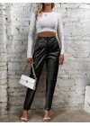 Kadın Yüksek Bel önden Düğmeli Deri Pantolon