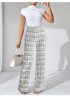 Kadın Yüksek Bel Paçaya Doğru Geniş Dokuma Pantolon