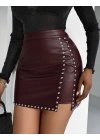 Kadın Yüksek Belli Yandan çivili Mini Deri Etek