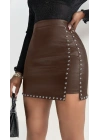 Kadın Yüksek Belli Yandan çivili Mini Deri Etek