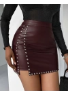 Kadın Yüksek Belli Yandan çivili Mini Deri Etek
