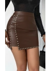 Kadın Yüksek Belli Yandan çivili Mini Deri Etek