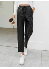 Kadın Yüksel Bel Bağcıklı Deri Pantolon