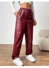 Kadın Yüksel Bel Bağcıklı Deri Pantolon