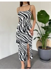 Kadın Zebra Baskılı Omuz Askılı Sırt Dekolteli Yırtmaç Detay Elbise