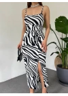 Kadın Zebra Baskılı Omuz Askılı Sırt Dekolteli Yırtmaç Detay Elbise