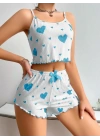 KadınBeyaz Mavi Kalp Desenli Askılı Şortlu Pijama Takım 5043