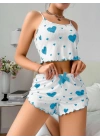 KadınBeyaz Mavi Kalp Desenli Askılı Şortlu Pijama Takım 5043