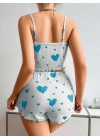 KadınBeyaz Mavi Kalp Desenli Askılı Şortlu Pijama Takım 5043