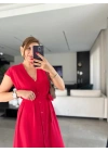Kadınn V Yaka Düğme Detay Kuşak Dahil Elbise