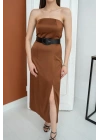 Kahverengi Straplez Saten Elbise
