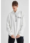 Kapüşonlu Sırt Baskılı Üç İplik Oversize Sweatshirt - Beyaz