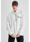 Kapüşonlu Sırt Baskılı Üç İplik Oversize Sweatshirt - Beyaz