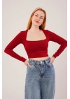 Kare Yaka Basic Bordo Bluz