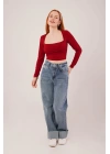 Kare Yaka Basic Bordo Bluz