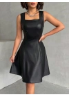 Kare yaka deri elbise siyah h24442