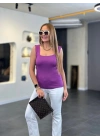 Kare Yaka Kalın Askılı Beyaz Triko Bluz