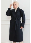 Kaşe Kaban – Uzun Boy Kruvaze Yaka Kuşaklı Tesettür Kaşe Kışlık Kaban, Astarlı Şık Yünlü Dokuma Oversize Rahat Kalıp Cepli Düğmeli Modern Kap Modeli - Lacivert