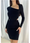 Kayık Yaka Uzun Elbise Kollu Mini