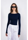 Kayık yaka uzun kollu bluz lacivert pt