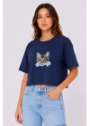 Kedi Baskılı Oversize Crop Tişört Salaş Basic Yarım Kol T-shirt - Lacivert