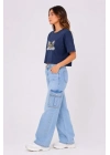 Kedi Baskılı Oversize Crop Tişört Salaş Basic Yarım Kol T-shirt - Lacivert
