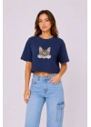 Kedi Baskılı Oversize Crop Tişört Salaş Basic Yarım Kol T-shirt - Lacivert