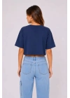 Kedi Baskılı Oversize Crop Tişört Salaş Basic Yarım Kol T-shirt - Lacivert