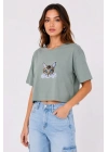 Kedi Baskılı Oversize Crop Tişört Salaş Basic Yarım Kol T-shirt - Mint Yeşili