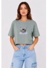 Kedi Baskılı Oversize Crop Tişört Salaş Basic Yarım Kol T-shirt - Mint Yeşili