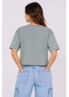 Kedi Baskılı Oversize Crop Tişört Salaş Basic Yarım Kol T-shirt - Mint Yeşili