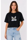Kedi Baskılı Oversize Crop Tişört Salaş Basic Yarım Kol T-shirt - Siyah