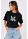 Kedi Baskılı Oversize Crop Tişört Salaş Basic Yarım Kol T-shirt - Siyah