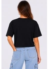 Kedi Baskılı Oversize Crop Tişört Salaş Basic Yarım Kol T-shirt - Siyah