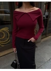 Kelebek yaka uzun kol bluz bordo
