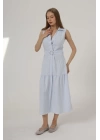Kemerli Çizgili Elbise - Mavi