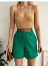 Kemerli gabardin şort yeşil s25735