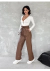 Kendinden ince kemerli deri pantolon kahve t1178