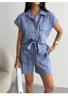 KETEN BAĞLAMALI KOLSUZ GÖMLEK - DUBLE PAÇA ŞORT TAKIM - Lacivert