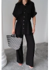 KETEN BELDEN BÜZGÜ DETAYLI GÖMLEK - PANTOLON TAKIM - Siyah