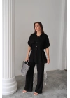KETEN BELDEN BÜZGÜ DETAYLI GÖMLEK - PANTOLON TAKIM - Siyah